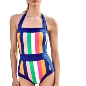 BODEN Santorini One Piece Multi Stripe Halter Top Swimsuit